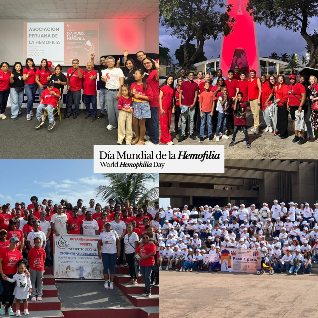 Imágenes de celebración del Día Mundial de la Hemofilia en distintos países de la región, mostrando a grupos de personas reunidas.